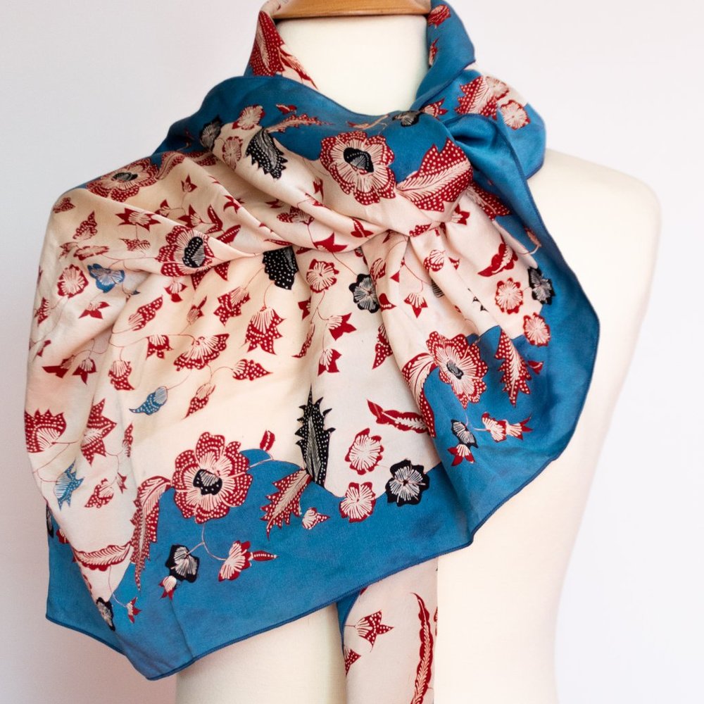 Royal blue floral scarf, red, blue & white batik